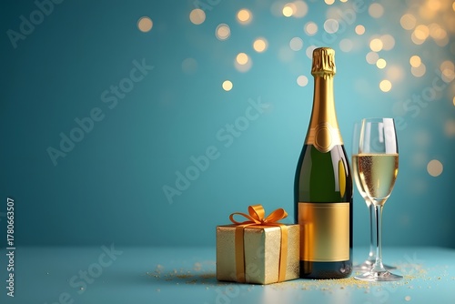 simple Golden bottle of champagne with glasses and a golden gift and bokeh effect on simple blue background