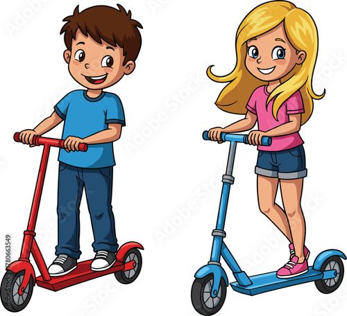 Smiling boy and girl riding colorful scooters outdoors, playful childhood activity in cartoon vector illustration promoting fun exercise and friendship