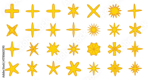 Vibrant collection of yellow sparkle and glow vector shapes, perfect for adding dynamic light effects and decorative starburst concepts to various design projects