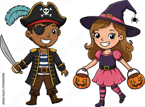 Two children in festive Halloween costumes, pirate boy with sword and witch girl holding pumpkin candy buckets, spooky holiday celebration illustration