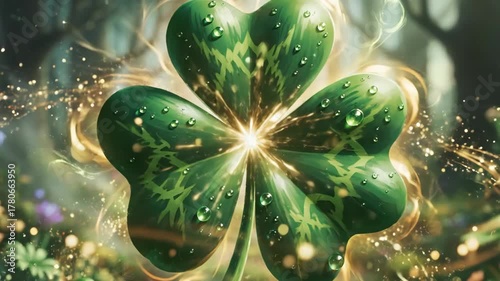 Close up of a three leaf clover with a glowing golden aura in a natural setting