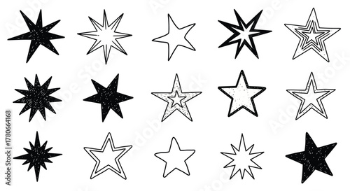Set of unique hand-drawn star illustrations with diverse doodle, burst, and outline styles. Ideal for adding a decorative sparkle and graphic flair to creative design projects