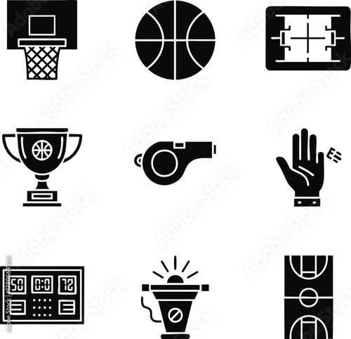 A collection of black and white glyph icons representing basketball equipment and concepts like a hoop, ball, court, trophy, whistle, score, and referee signals