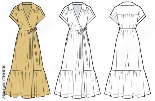 Maxi Dress with Short Sleeves and Tiered Skirt Technical Fashion Illustration. Wrap Dress fashion flat technical drawing template, collar, belt, front and back view, white, beige, women CAD mockup.
