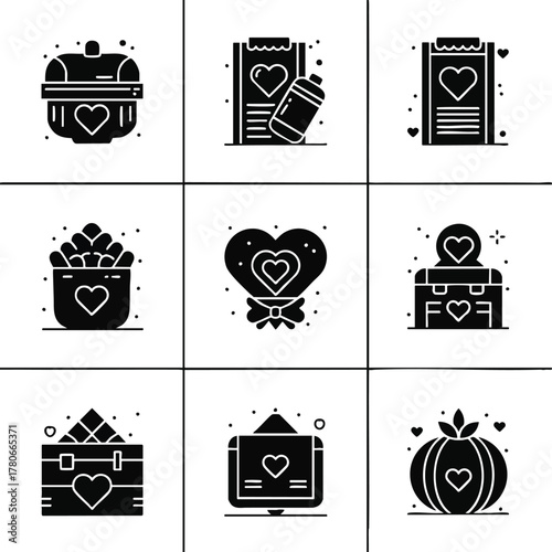 A collection of black silhouette icons depicting love, romance, and gifting themes