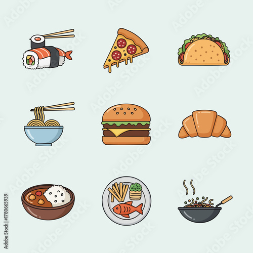 A collection of diverse food icons in a flat design style, featuring sushi, pizza, tacos, burgers, noodles, and more