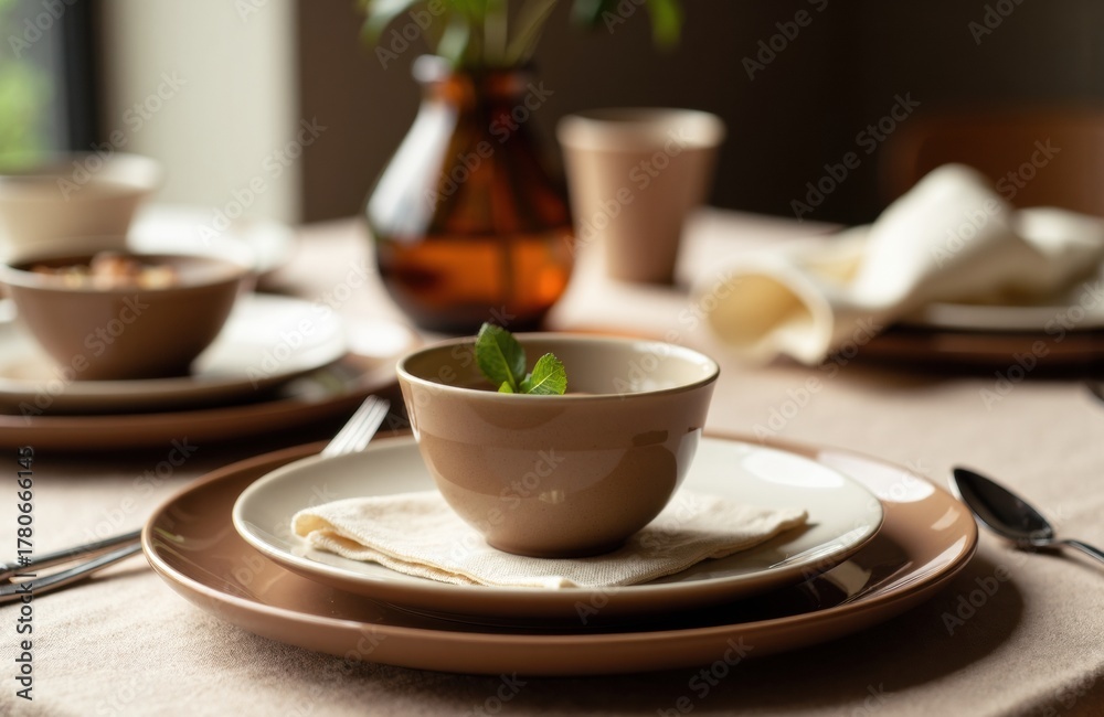 Fototapeta premium Elegant ceramic tableware arranged on a dining table with a blurred background of flowers and cups