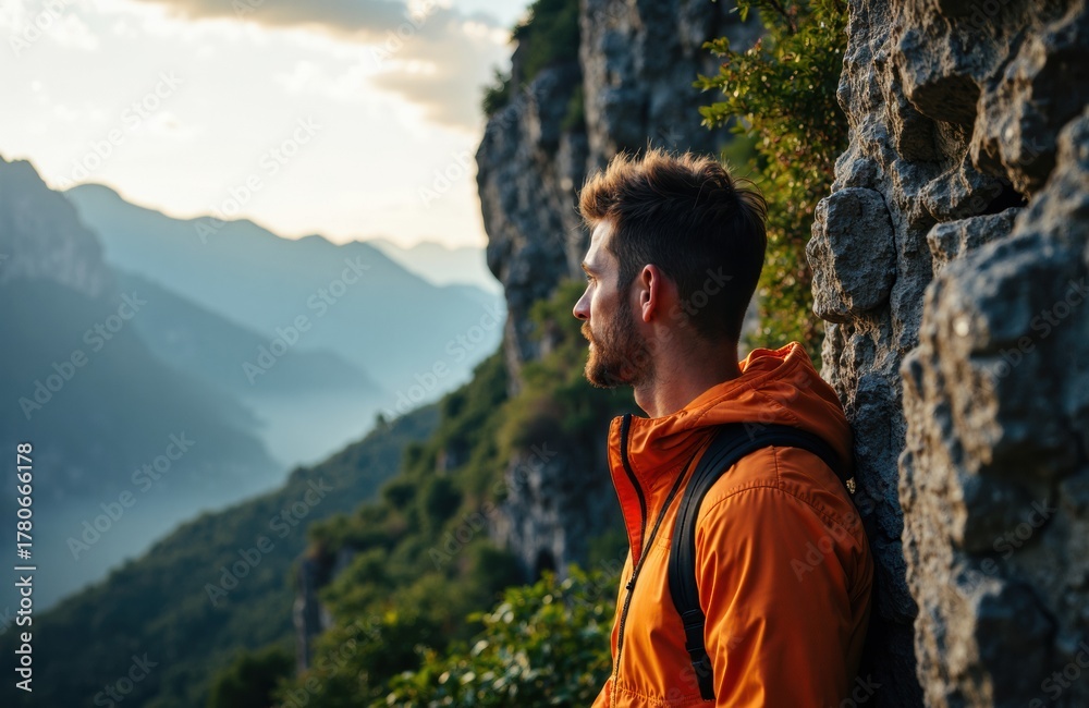Naklejka premium A man in an orange jacket leans against a rocky cliff overlooking a mountain landscape at sunset