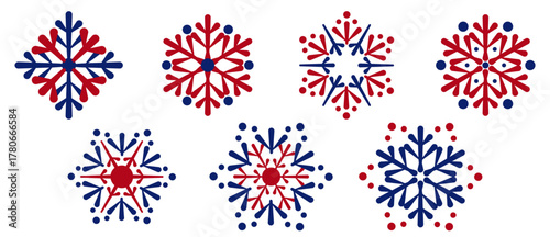 Selection of two-color snowflakes of various shapes for ornaments. Isolated geometric symbols with blue and red elements. Vector set of circle icons. Various shapes of snow symbols in flat style