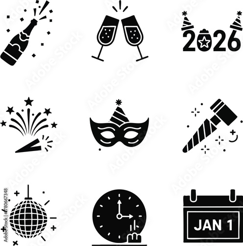 A collection of New Year's Eve celebration icons in silhouette style