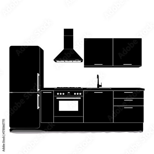 Modern black kitchen design with appliances and cabinets  