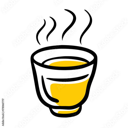 A cup of hot sake with steam in minimalist design