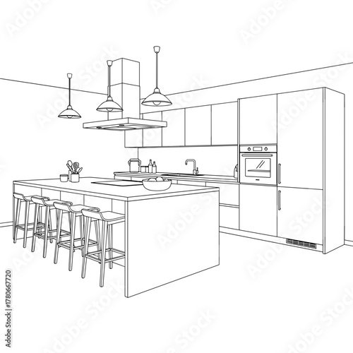 Modern kitchen interior design in minimalist style with outlines  