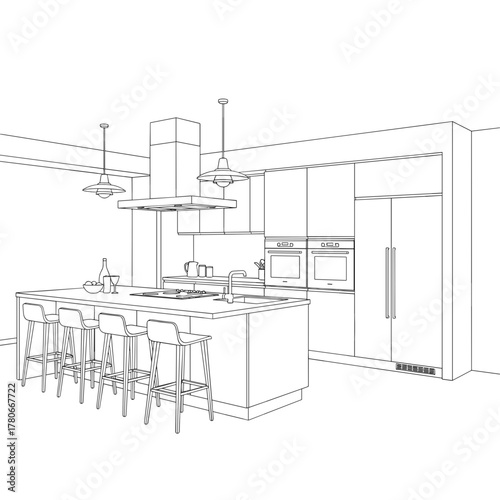 Line drawing of modern kitchen with island and seating area  