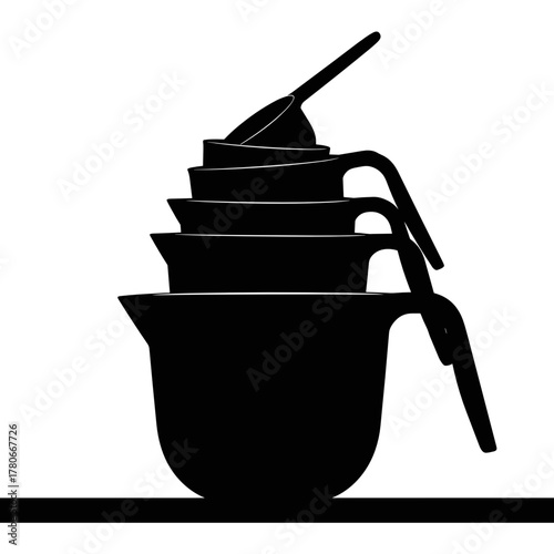 Stacked measuring cups with spoon in minimalist black silhouette  