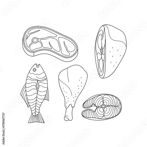 Various types of meat illustrations in simple line art style  