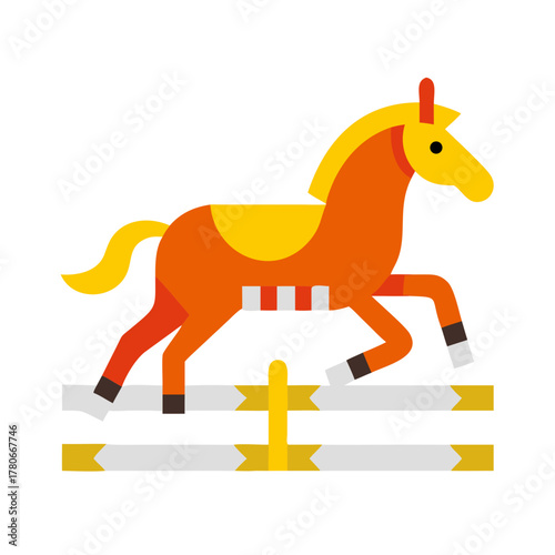 A horse jumping over an obstacle in a colorful illustration
