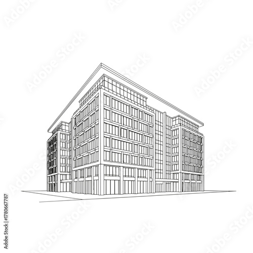 Architectural sketch of modern office building with geometric design  