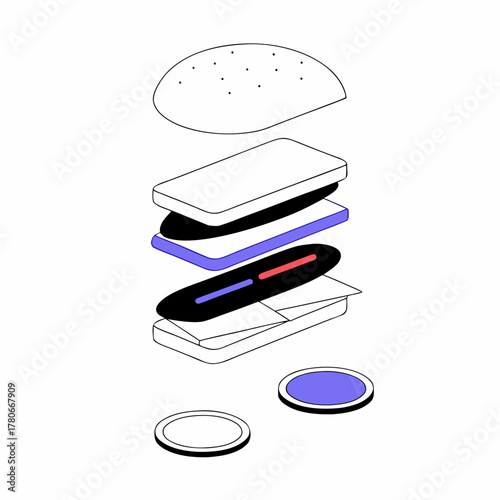 Isometric Vector Illustration of a Sandwich Showing Layers