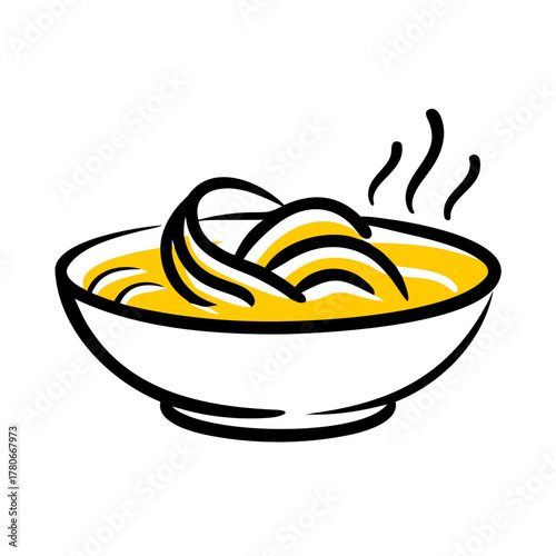 Minimalist yellow vector illustration of soba noodles in a bowl