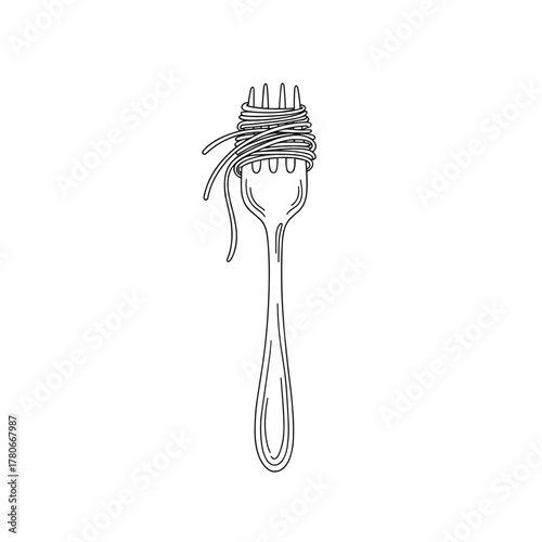 Fork with spaghetti noodles twisted around the tines on white background  