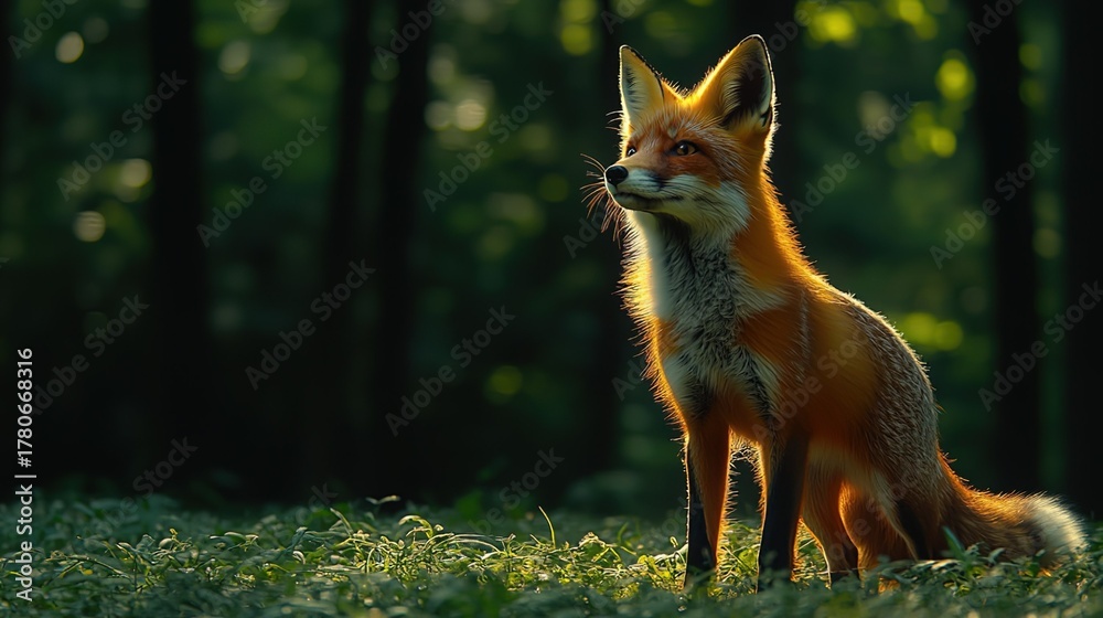 Naklejka premium Red Fox Standing Alert in a Sunlit Grassland