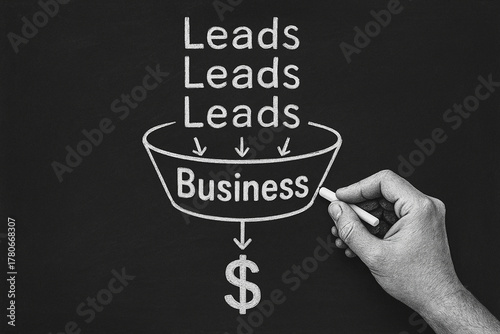 Leads to business revenue funnel — chalkboard drawing with hand and dollar sign