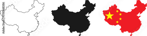 China map icon set. China map signs - outline, solid and Chinese national flag. Vector.