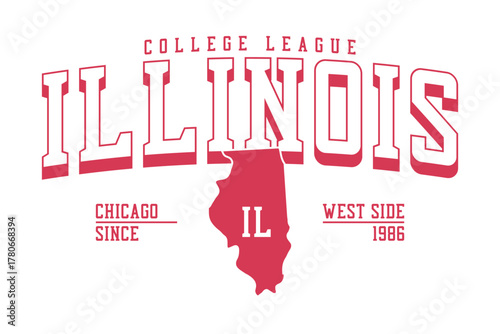 Illinois, Chicago t-shirt design. College style tee shirt design with map of Illinois state. Original sportswear print. Vector.