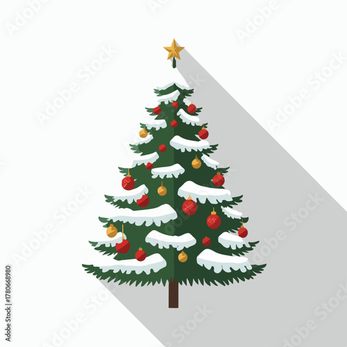 Festive Holiday Icon: A meticulously decorated evergreen Christmas tree, adorned with vibrant ornaments, a gleaming star and a light dusting of snow, celebrates the season.