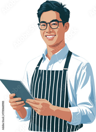 Close up asian man use digital tablet to receive order from customer and smile isolated on transparent background for png design.