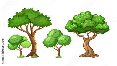 Arboreal Collection: A vibrant assortment of trees, each showcasing unique leaf formations, standing tall against a bright backdrop, embodying the diversity and beauty of the natural world.