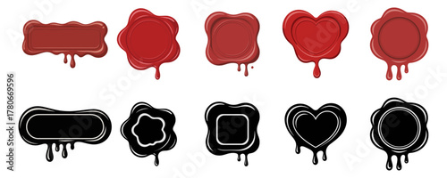 Wax seal stamp set with shape in red and black colors, vector illustrations for vintage letters and certificates