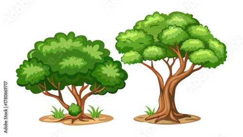 Vibrant Forest Companions: A captivating illustration featuring two lush trees, adorned with dense green foliage and sturdy brown trunks, radiating a sense of natural beauty and environmental harmony.