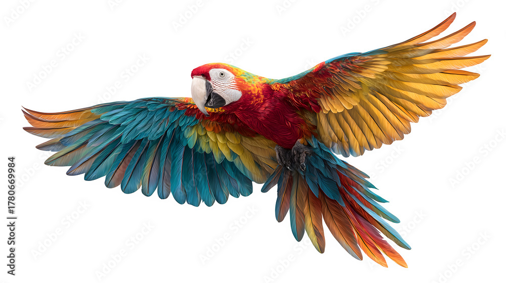 Obraz premium macaw parrot flying midair, colorful feathers, isolated on white background