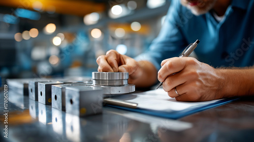 Quality inspector using calipers and gauge blocks, recording tolerances, realism, QA, documentation, standards, meticulous, with copy space