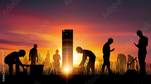 End of day: workers locking site box, logging hours on phone, sunset silhouettes, realism, closure, accountability, routine, with copy space