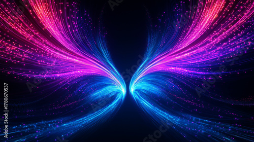  neon light streaks form symmetrical patterns on a black background