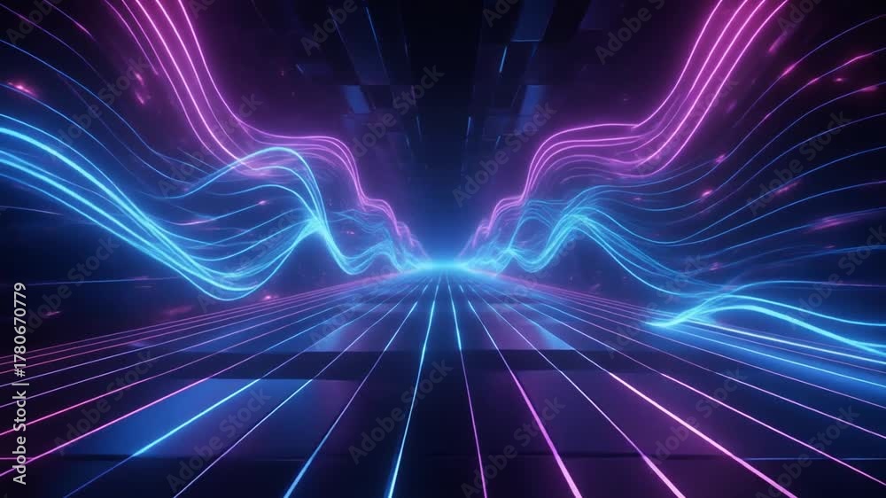 Abstract futuristic tunnel with glowing blue and pink neon light waves and parallel lines creating a dynamic digital pathway.