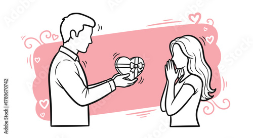 A man gifting a heart shaped present to a surprised woman