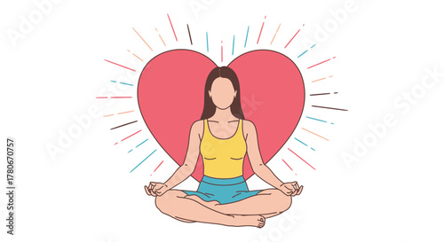 Woman meditating in lotus pose within a radiant heart illustration