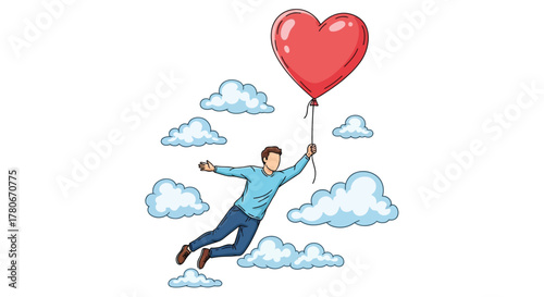 A man holding a red heart balloon floating amongst fluffy clouds