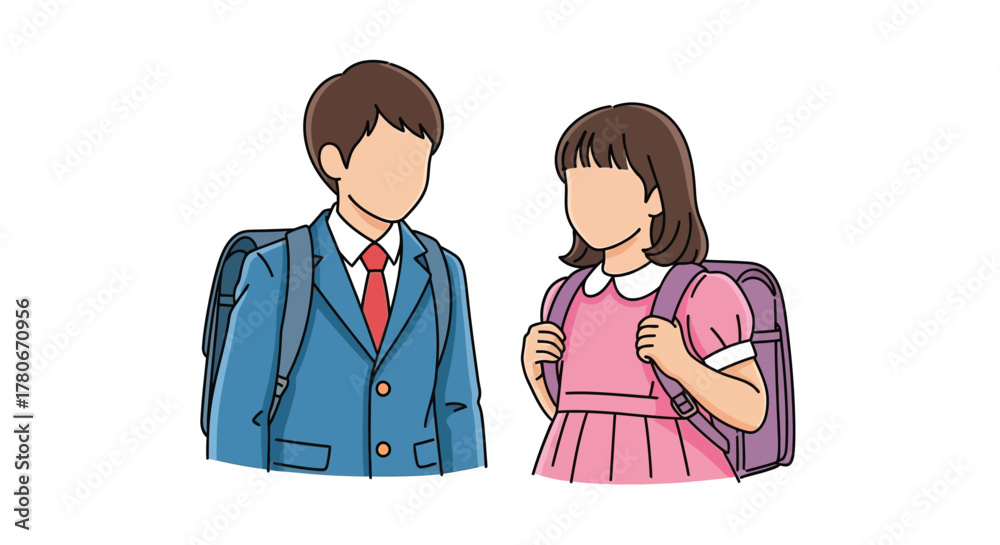 Fototapeta premium Two students in school uniforms standing close together facing each other