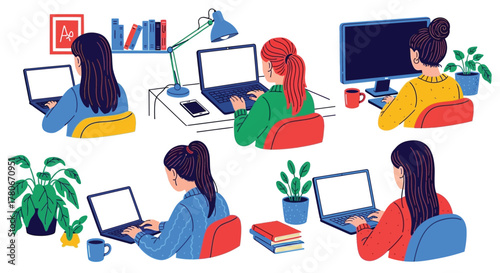 Women working remotely with laptops plants and desk accessories shown
