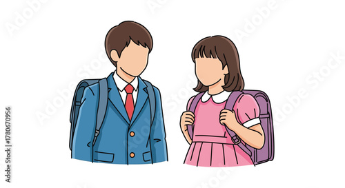 Two students in school uniforms standing close together facing each other