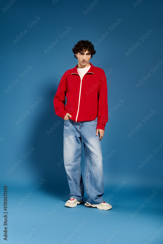 Fototapeta premium Stylish young man showcasing fashionable attire against a vibrant blue background