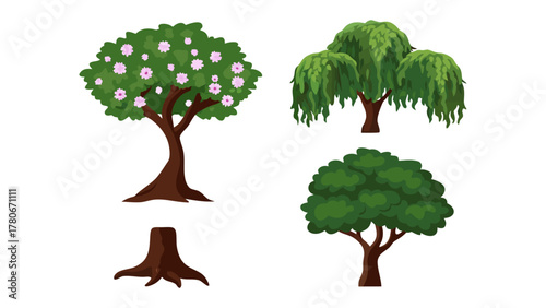 Botanical Ensemble: An assortment of detailed illustrated trees, each in its distinct style, showcasing the versatility and beauty of nature's green giants.