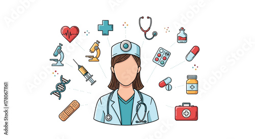 Healthcare professional surrounded by medical symbols representing wellness and treatment