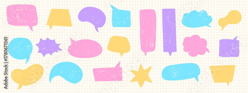 Colorful vector crayon speech bubbles set in pastel pink, blue, yellow, and purple, textured vector shapes for kids design, chat decoration, and social media elements
