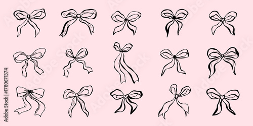 Whimsical coquette Set of doodle bow for Valentines day, wedding invitation, birthday card, packaging, postcard, sticker, scrapbooking, textile print